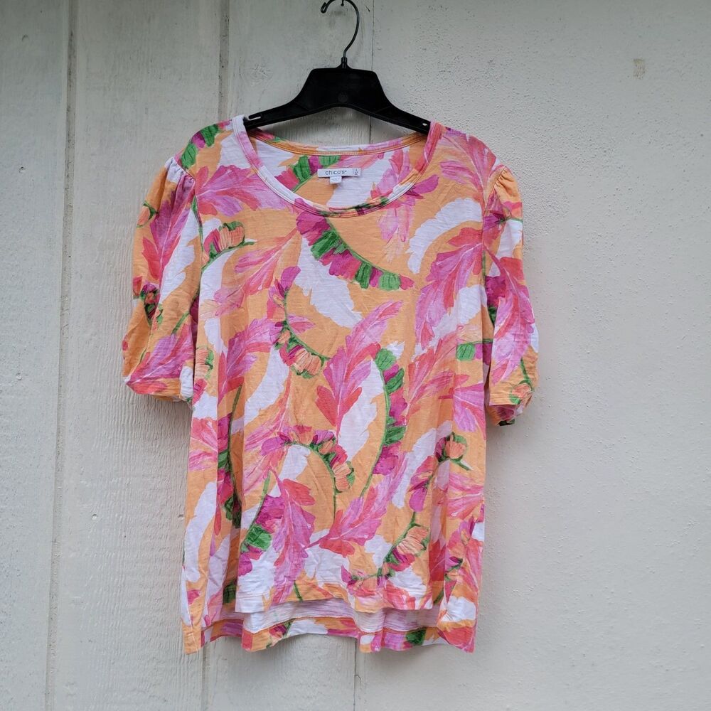 chico's multi colored leaf print top cotton sz 4 (2XL) Boxy Coastal Beachy